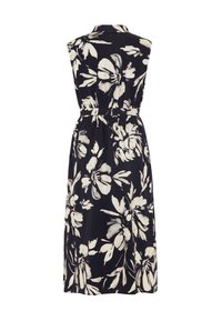 Floral maxi dress with a navy background, featuring large white flowers, a collar, sleeveless design, and an elastic waist for fit.