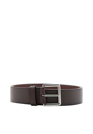 Brown leather belt with a smooth texture, featuring a silver rectangular buckle and tonal stitching along the edges. Width is moderate.