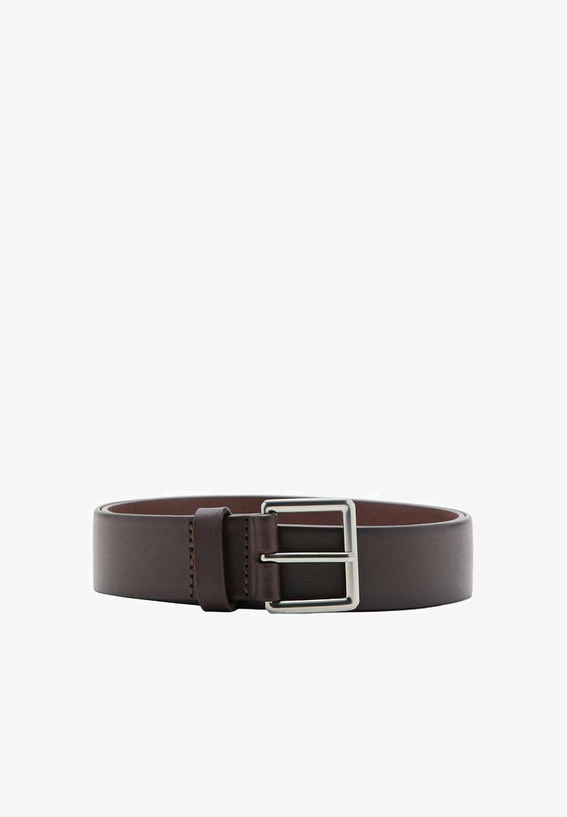 Brown leather belt with a smooth texture, featuring a silver rectangular buckle and tonal stitching along the edges. Width is moderate.