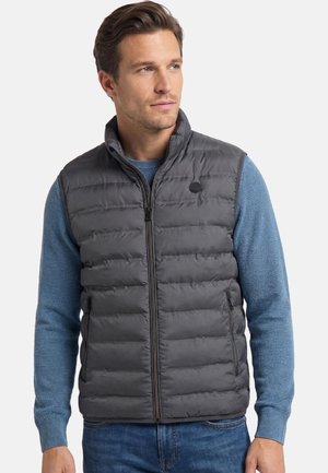 Mann trägt eine dunkle, gesteppte Weste mit Reißverschluss über einem blauen Strickpullover und blickt leicht nach rechts mit neutralem Ausdruck.