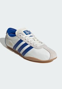 Vita sneakers med blå ränder och en grå mocka tå. Har en plastlogotyp på tungan och en gummigummisula.