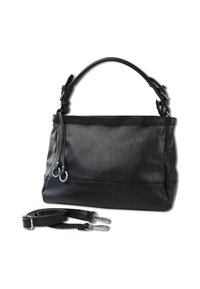 Sac à main en cuir noir avec une texture lisse, featuring une seule poignée supérieure et une bandoulière amovible avec quincaillerie en métal.