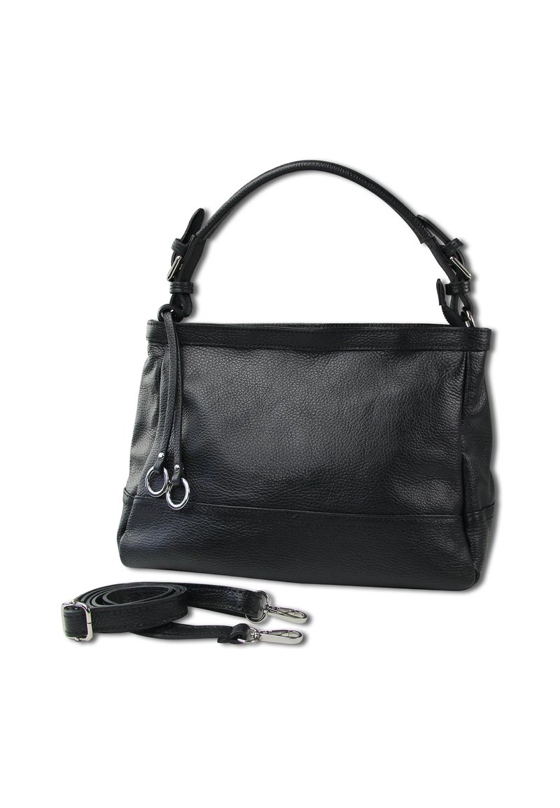 Sac à main en cuir noir avec une texture lisse, featuring une seule poignée supérieure et une bandoulière amovible avec quincaillerie en métal.