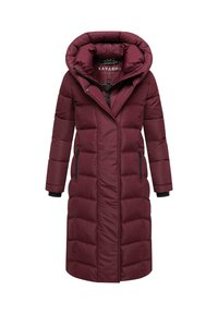Maroon padded coat with a high collar and a hood, featuring zippered pockets and a quilted design for insulation.