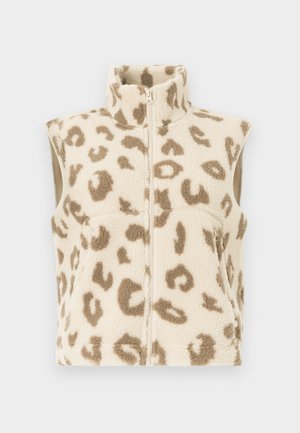 Bež runtasti prsluk s visokim ovratnikom, punim zatvaračem i smeškim leopard uzorkom. Ima bezrukavi dizajn i mekan, teksturiran materijal.