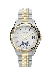 Timex rankinys su sidabro ir aukso dviejų tonų metaliniu apyrankiu, balta ciferblatu, aukso valandų žymekliais ir Snoopy iliustracija su mėlyna šaliku.