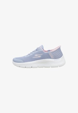 Light blue Skechers slip-on sneaker with white sole, mesh upper, pink inner lining, and "S" logo on the side.
