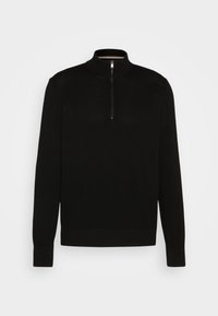 Pull en maille noir à manches longues avec un col montant et une courte fermeture éclair devant, présenté sur un fond clair uni.