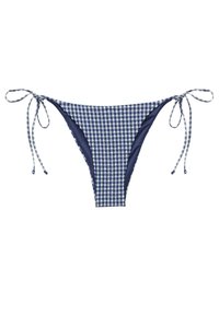 Tmavě modré bikini spodní díl s kostkovaným vzorem. Obsahuje nastavitelné boční šňůrky a kontrastní jednobarevný tmavě modrý lem.