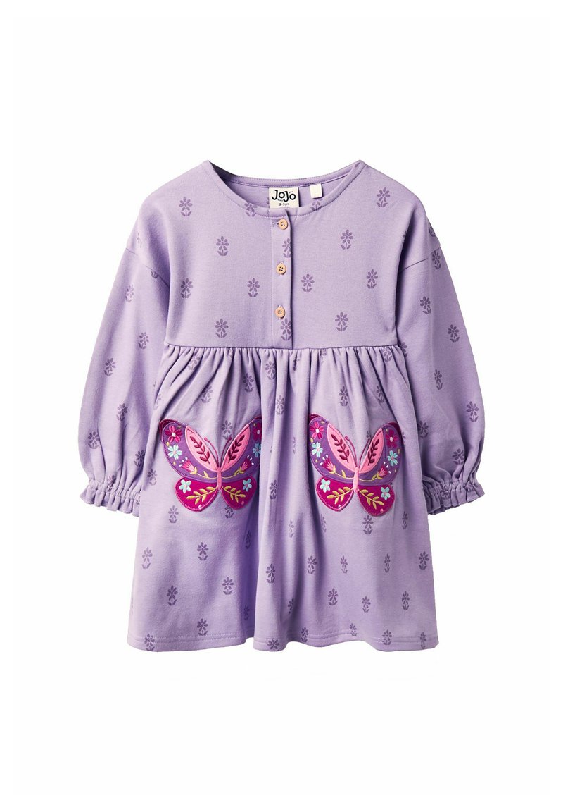 Violetti pitkähihaisuus mekko, jossa on kukkakuosi ja joustavat hihansuut. Edessä on kaksi suurta, värikästä perhosikuvioita. Napitus.