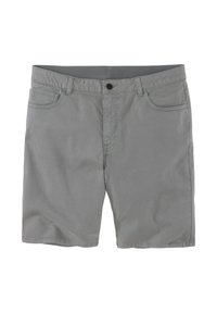 Graue Shorts aus einem Baumwoll-Mix, mit flacher Vorderseite, zwei Fronttaschen und einem einzigen Knopfverschluss mit Reißverschluss.