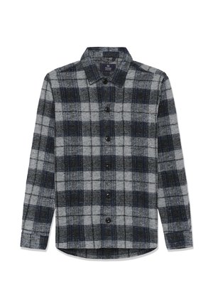 Grå og blå ternet skjorte med knapper og lange ærmer samt krave, liggende fladt mod en hvid baggrund.