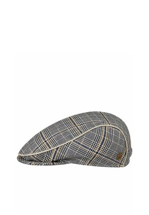 Flat cap with gray, beige, and black plaid pattern, beige trim along the top edge, and a small metal logo on the side.