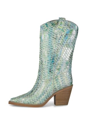 Kowbojskie buty z niebiesko-zieloną perłową teksturą skóry węża, spiczastym noskiem i nałożonym drewnianym obcasem typu blokowego.