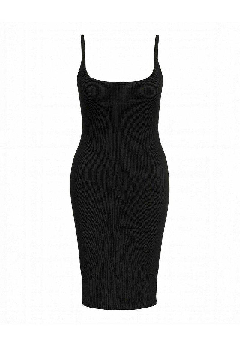 Czarna, prążkowana sukienka midi na cienkich ramiączkach, z kwadratowym dekoltem i dopasowanym fasonem, który sięga tuż nad kolano.