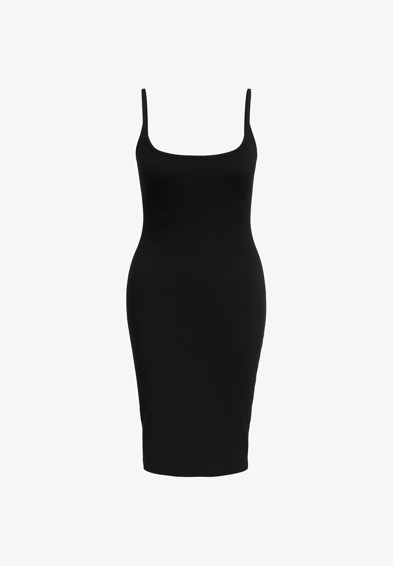 Czarna, prążkowana sukienka midi na cienkich ramiączkach, z kwadratowym dekoltem i dopasowanym fasonem, który sięga tuż nad kolano.