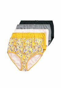 Lot de quatre culottes pour femmes : imprimé floral jaune avec des bordures orange, gris, rose et noir en couleurs unies. Tissu doux ; taille élastique.