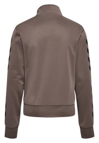 Brown zip-up jacket with a high collar, featuring black diagonal stripes on sleeves and a textured fabric finish.