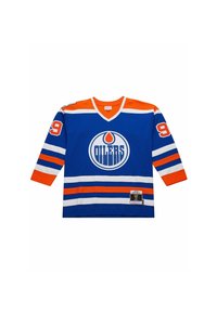 Blaues Edmonton Oilers Eishockey-Trikot mit orangefarbenen und weißen Streifen, Nummer 99 auf den Ärmeln und dem Team-Logo mittig auf der Brust.
