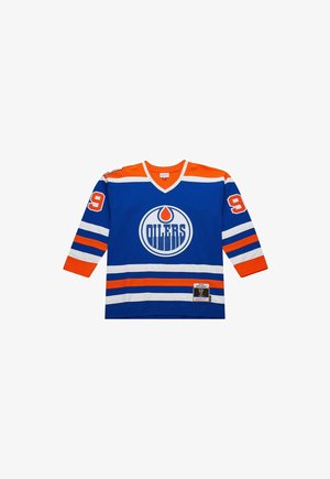 Blue Edmonton Oilers hockey jersey with orange and white stripes, number 99 on sleeves, and team logo centered on chest.
