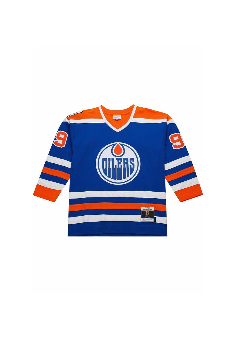 Blaues Edmonton Oilers Eishockey-Trikot mit orangefarbenen und weißen Streifen, Nummer 99 auf den Ärmeln und dem Team-Logo mittig auf der Brust.