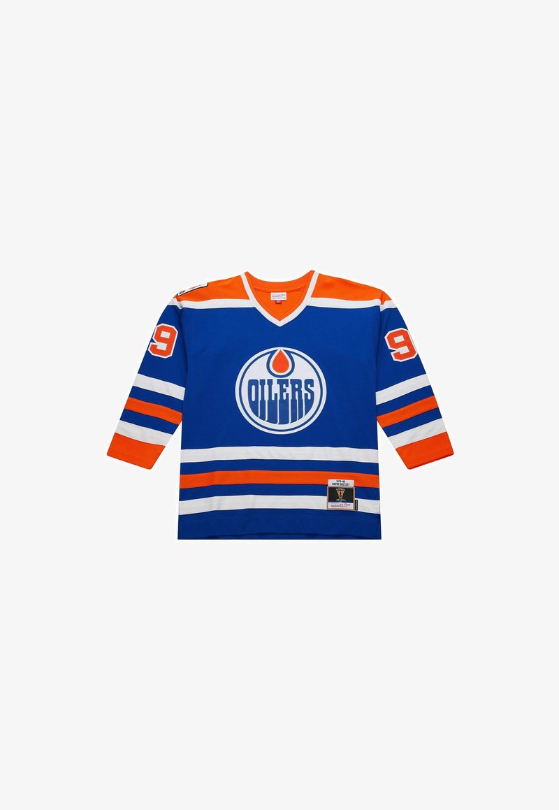 Blaues Edmonton Oilers Eishockey-Trikot mit orangefarbenen und weißen Streifen, Nummer 99 auf den Ärmeln und dem Team-Logo mittig auf der Brust.