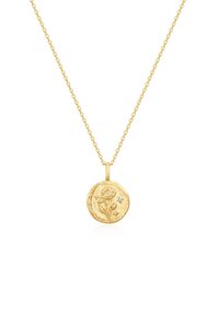 Zelta kulons ar teksturētu apaļu šarmu, kas rotāts ar ziedu rakstu un nelielu dimanta akcentu, pakārts uz smalkas ķēdītes.