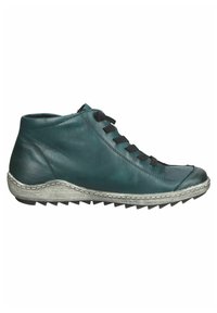 Zapatillas altas de cuero verde azulado con cordones negros, plantilla texturizada y suela de goma con serrado para mayor tracción. Diseño elegante y minimalista.