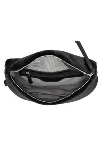 Schwarze Kunstfelltasche mit gestreiftem Innenfutter, ausgestattet mit einem Reißverschluss und einer Innentasche zurOrganisation. Glatte Textur rundherum.