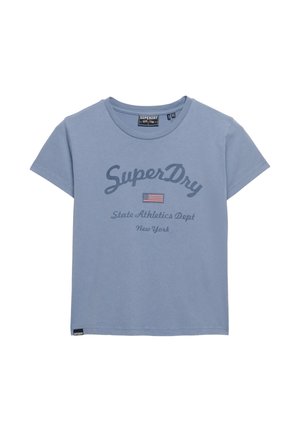 Blue short-sleeve crew neck t-shirt with "SuperDry," an American flag, and "State Athletics Dept New York" printed on the front.