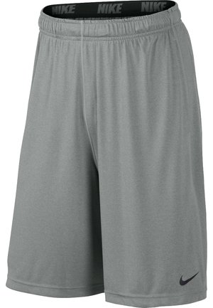 Pantalones cortos deportivos grises hechos de una tela suave, que cuentan con una cinturilla elástica con la marca "Nike" y un pequeño logotipo negro en la parte inferior de la pierna.