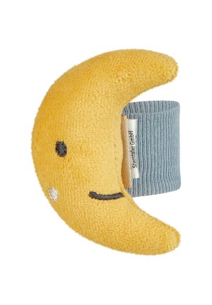 Gelber Plüschmond in Form eines Halbmonds mit bestickten Augen und einem Lächeln, befestigt an einem blauen, gerippten Stoff-Armband.