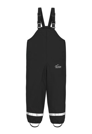 Black waterproof overalls with adjustable shoulder straps, reflective strips at cuffs, and side pockets. Made from durable, smooth fabric.