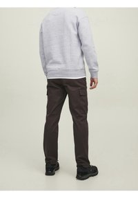 Sudadera gris con cuello redondo, combinada con pantalones cargo marrón oscuro con bolsillos laterales. Se lleva con zapatillas deportivas negras.