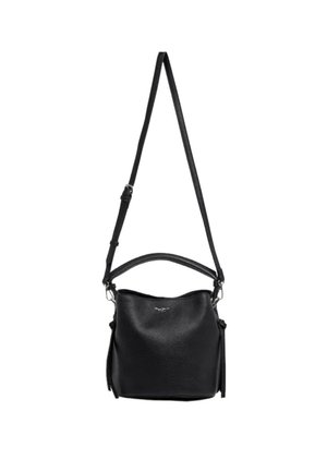Borsa a secchiello in pelle nera con tracolla regolabile e manico corto, caratterizzata da una finitura leggermente testurizzata e piccolo logo sul davanti.