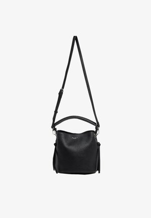 Borsa a secchiello in pelle nera con tracolla regolabile e manico corto, caratterizzata da una finitura leggermente testurizzata e piccolo logo sul davanti.