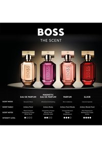 Quatre flacons de parfum Boss The Scent en ambre, violet, rose et rouge avec les détails du parfum et les niveaux d'intensité affichés ci-dessous.