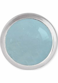 Runder Anhänger mit einem zentralen hellblauen Stein mit glatter Oberfläche, eingefasst in einer polierten Silberfassung.