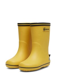 Gula gummist övlar med glänsande yta, svarta accentband högst upp och en logolapp på sidan. Platt sula med texturerat grepp.