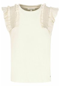 Top bianco a maniche corte con dettagli a ruches sulle spalle e tessuto testurizzato con cuciture verticali. Design minimalista.