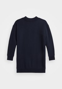 Tummansininen, pyöreäkauluksinen collegepaita, jossa pitkät hihat, resorit hihansuissa ja helmassa; sileä pinta, minimalistinen muotoilu, ilman näkyviä kuvioita tai yksityiskohtia.