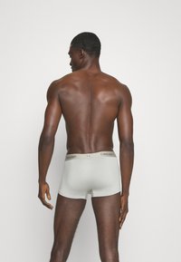 Modello maschile in piedi a piedi nudi, con le spalle rivolte verso la fotocamera, indossa boxer grigi chiari con elastico beige di Calvin Klein su uno sfondo bianco uniforme.