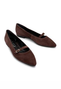 Ballerines en suede marron avec un bout pointu, dotées d'un talon plat et d'une sangle décorative avec une petite boucle en argent.