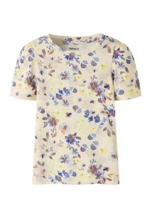 Cremefarvet kortærmet skjorte med spredt lille blåt, lilla, gult og brunt blomsterprint samt let opsvulmede skuldre.