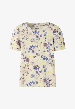Kremasto majica kratkih rukava s razbacanim sitnim cvjetnim uzorkom u plavoj, ljubičastoj, žutoj i smeđoj boji te lagano naborenim ramenima.