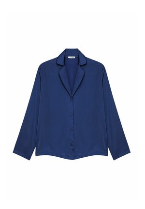 Navy blauwe satijnen blouse met lange mouwen, een notch-kraag, een knoopsluiting aan de voorkant en een ontspannen pasvorm, met een gladde, glanzende textuur.