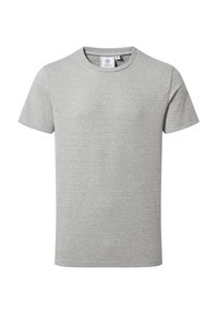 Gray short-sleeve t-shirt made of soft cotton, featuring horizontal ribbed texture. Round neckline with tag visible inside.