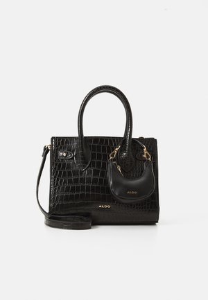 Black handbag with a crocodile texture, featuring two handles, a detachable mini pouch, and gold hardware accents.