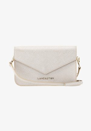Beige synthetic clutch with a triangular flap, a pebbled texture, subtle sheen, and a matching strap. Features gold-tone hardware and brand logo.