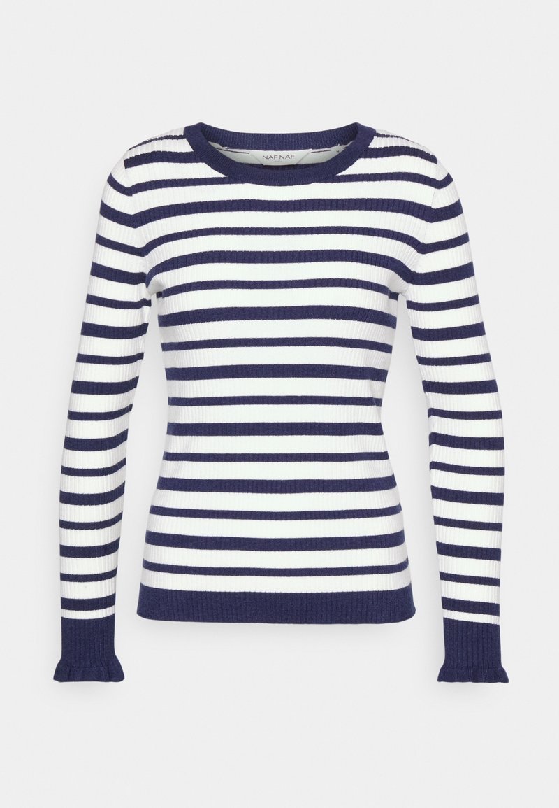 Pull en laine marinière à rayures bleu marine et blanches, avec une texture côtelée, un col rond et des manches évasées. Étiquette visible à l'intérieur du col.